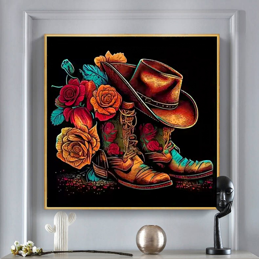 Resin Art Rose - Chapeau de Cowboy bottes diamant peinture